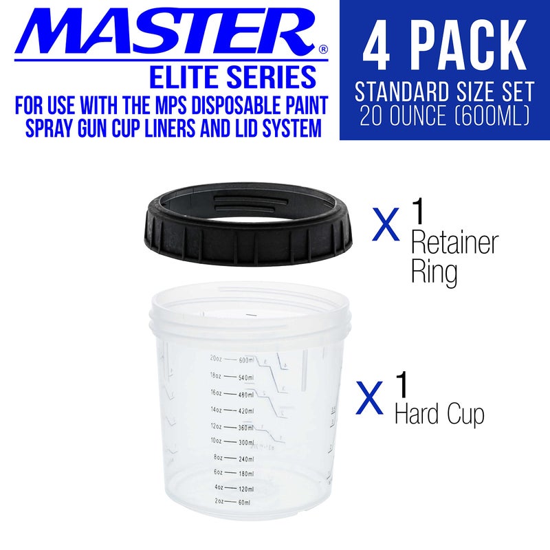 Master Airbrush Master Paint System MPS, 4 Pack Set of Standard Size 20 Ounce (600ml) Hard Cups and Retainer Rings - 4 Hard Cups and 4 Rings for Use with The MPS Disposable Paint Spray Gun Cup Liners and Lid System - Image 2